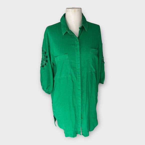 YFB Young Fabulous & Broke Green Linen Shirt Dress Women's Small Boho Beachy - Picture 10 of 12